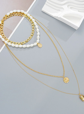Necklace Choker Gift饰品欧美复古银币宝石珍珠四层项链潮流项饰