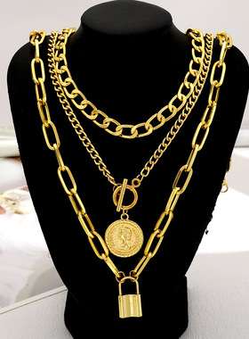 欧美女项链套装轻奢气质浮雕圆牌吊坠OT扣三层项链Necklace Gift