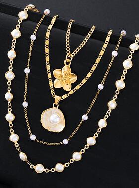 Necklace欧美花朵吊坠珍珠叠戴项链时尚复古法式长款毛衣链4件套