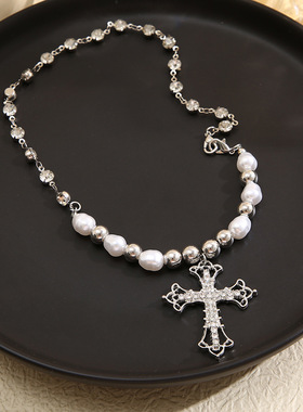 欧美仿珍珠项链创意甜酷暗黑十字架吊坠锁骨链necklace Choker