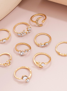 Women Ring Sets金色组合关节戒指创意时尚爱心Love点钻7件套装