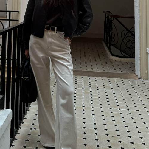 R-HER【白牛长裤】纯白休闲百搭高腰显瘦直筒垂感牛仔长裤RP50KF9 - 图1