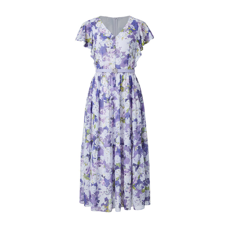 珂莱商场同款女装2025夏季新款紫色优雅收腰飘逸印花短袖连衣裙子