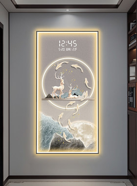 福禄九鱼图玄关装饰画电子钟表过