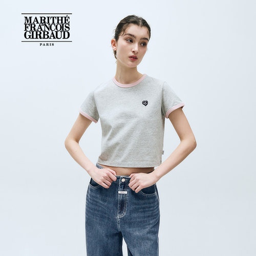 MARITHE女士心形徽章滚边短袖T恤潮流短款休闲简约上衣25年夏韩系 - 图2