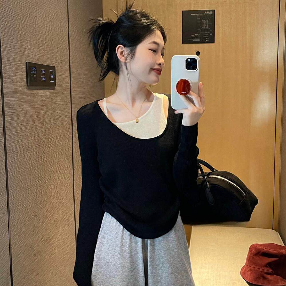 大码女装胖mm穿搭慵懒风显瘦假两件拼接撞色小众上衣ak