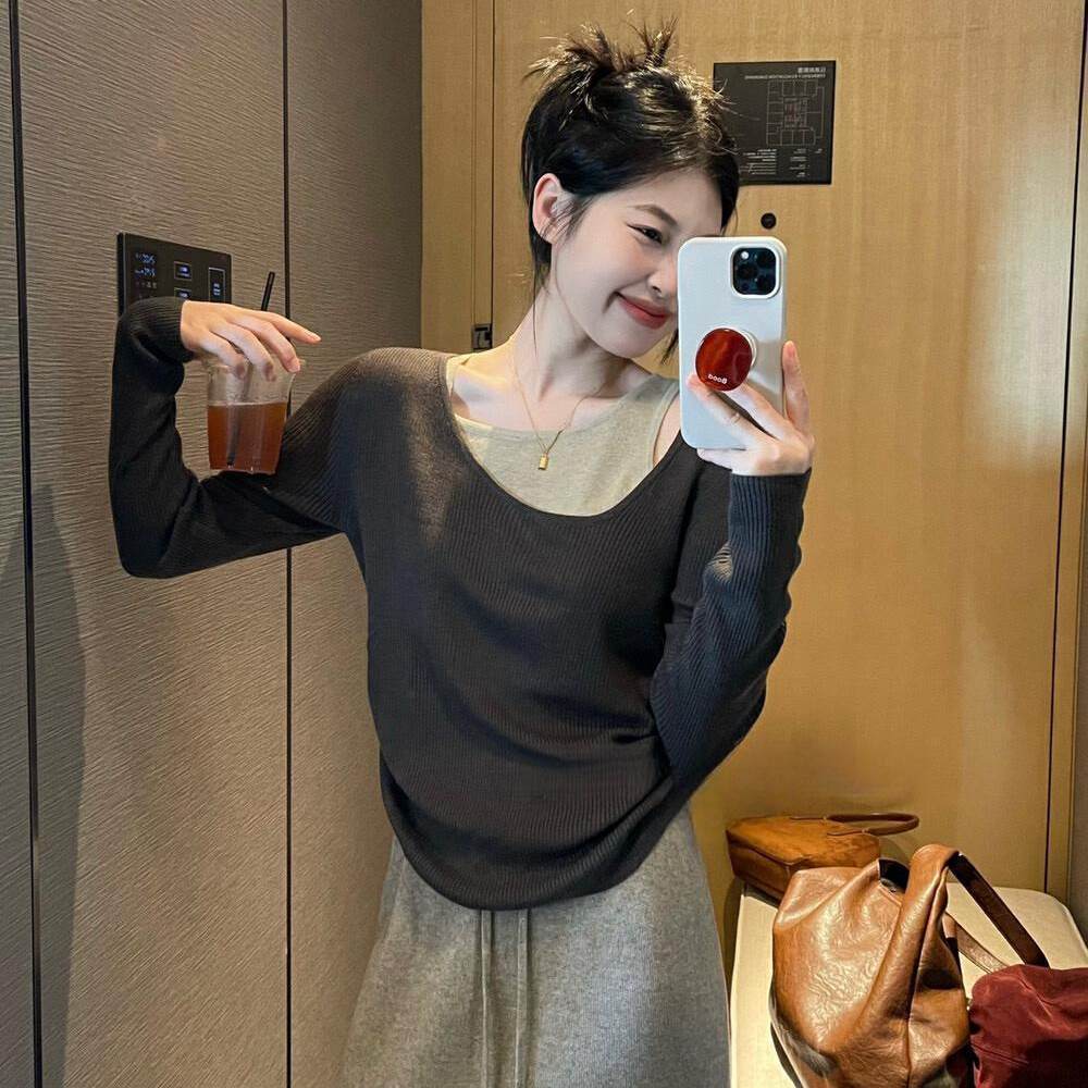 大码女装胖mm穿搭慵懒风显瘦假两件拼接撞色小众上衣ak