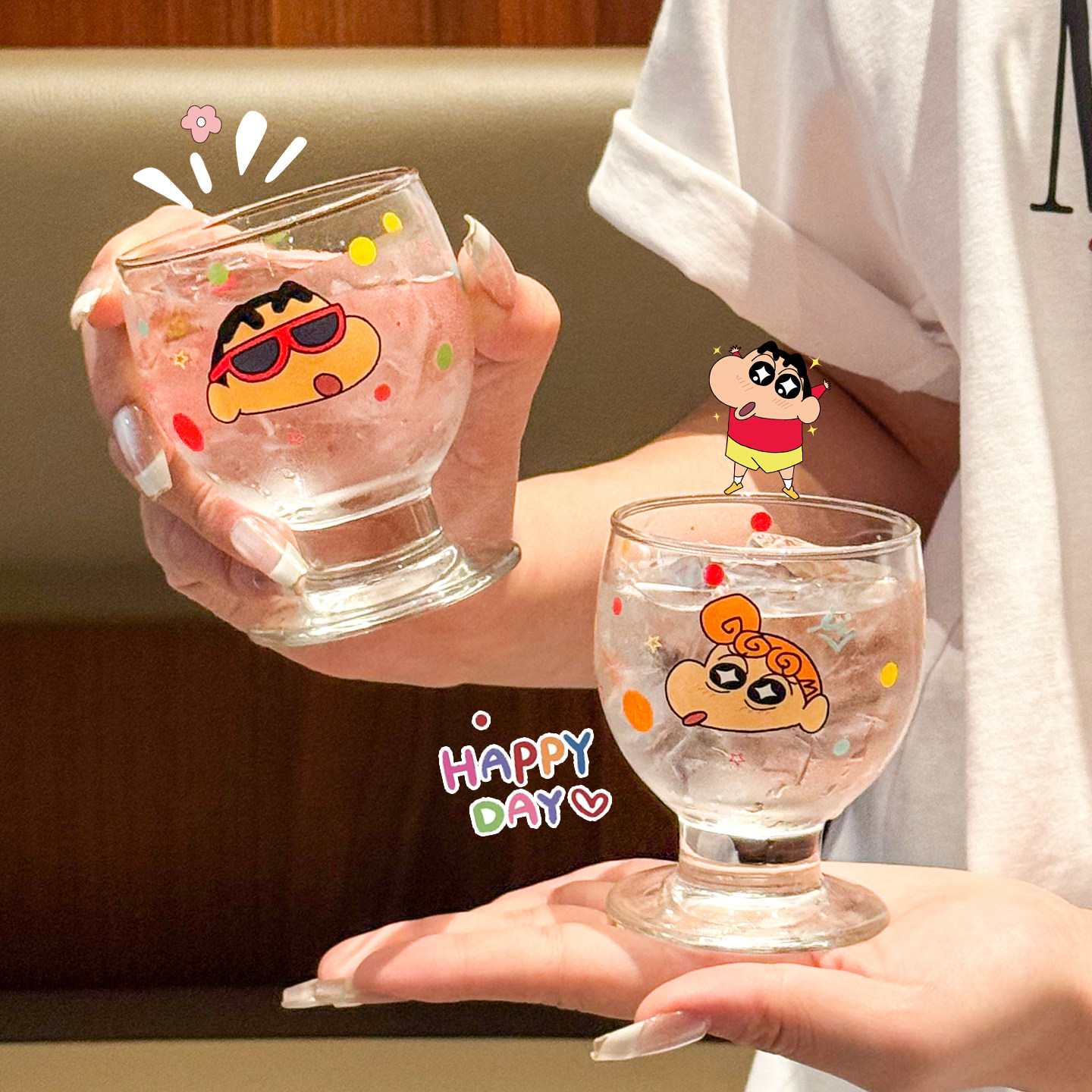 正版蜡笔小新玻璃水杯可爱风卡通杯子高颜值女士情侣调酒杯啤酒杯,淘宝优惠券,粉丝福利购,淘宝优惠卷