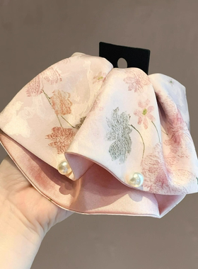 新中式淡雅印花缎面珍珠马尾夹气质温柔盘发夹后脑勺复古抓夹发夹