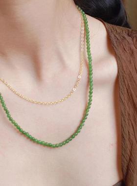 天然俄罗斯碧玉超细小米珠女士项链锁骨链菠菜绿阳绿果绿和田玉款