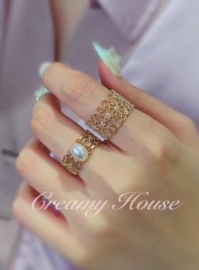 宽版蕾丝镂空戒指优雅银杏叶花边珍珠蜂巢