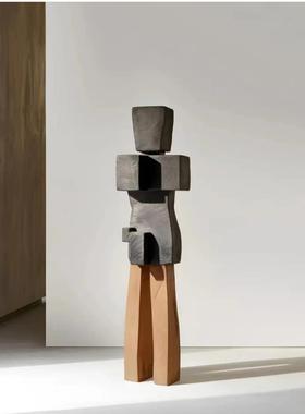 定制实木创意中古现代艺术木雕摆件原木立柱侘寂风落地摆件装饰品