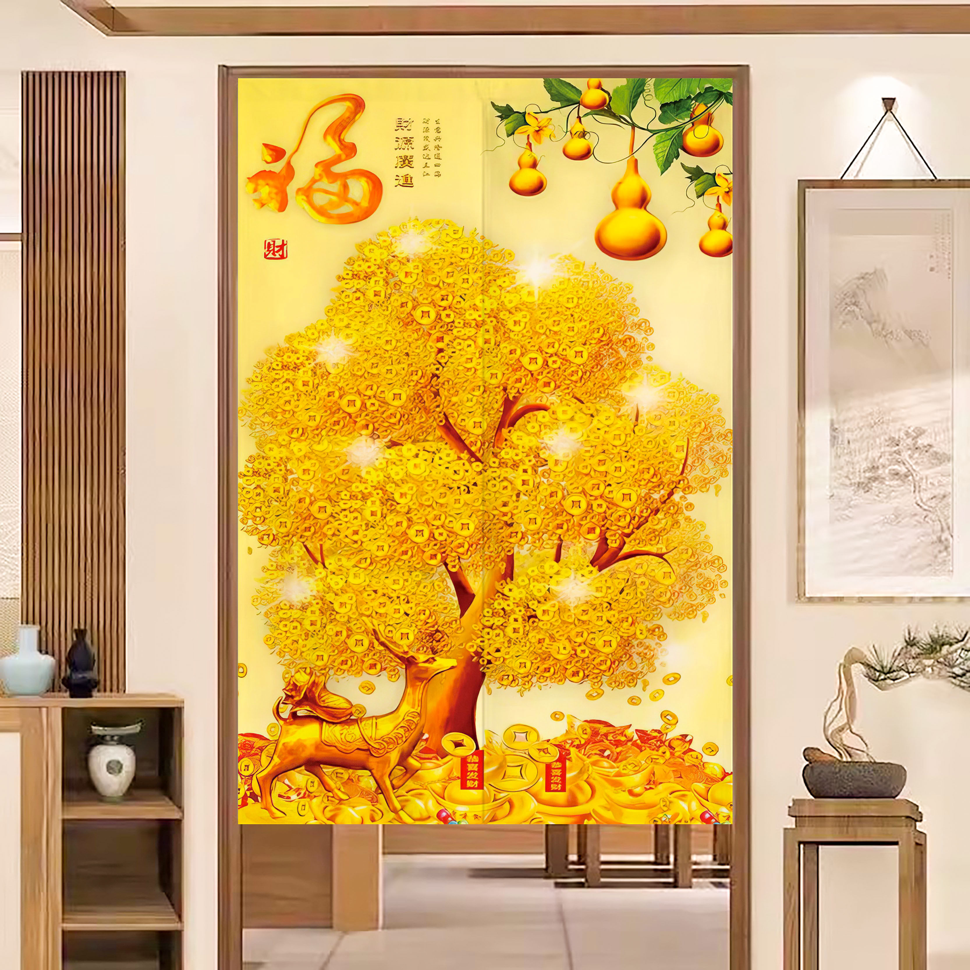 中式发财树门帘隔断帘卧室客厅家用入户厨房卫生间挂帘遮挡半帘子,淘宝优惠券,粉丝福利购,淘宝优惠卷