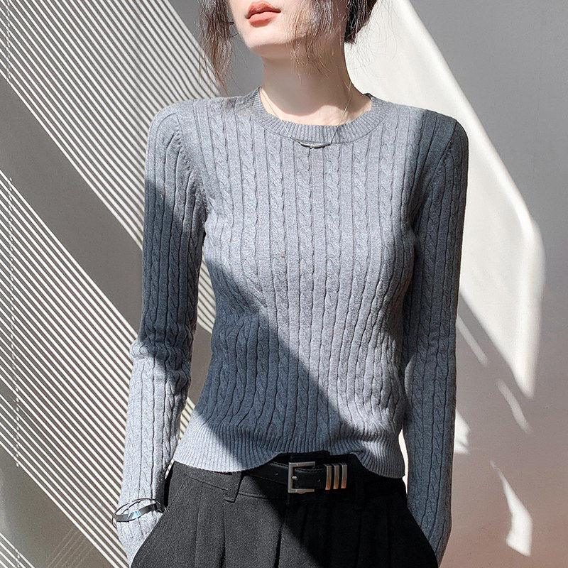 歌倍尚圆领绞花毛衣女2025秋冬款新款长袖修身灰色内搭针织打底衫,淘宝优惠券,粉丝福利购,淘宝优惠卷