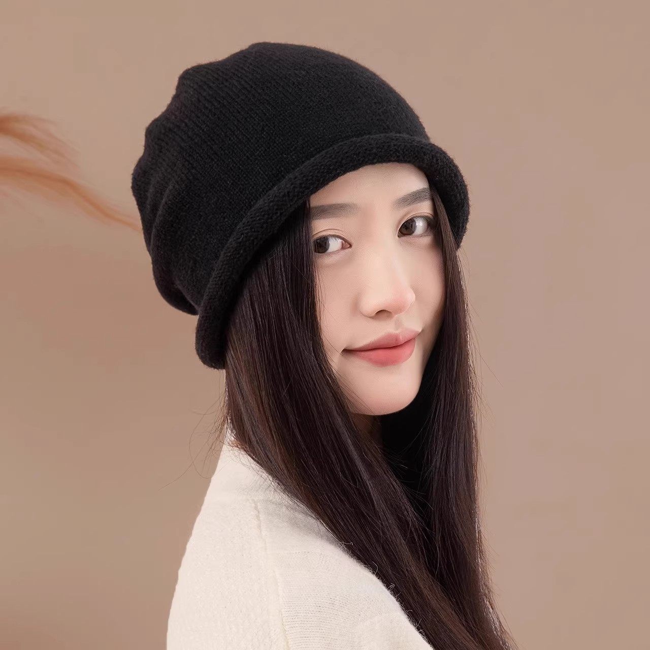 卷边堆堆帽子女显脸小大头围抽绳针织毛线帽秋冬季保暖月子套头帽,淘宝优惠券,粉丝福利购,淘宝优惠卷