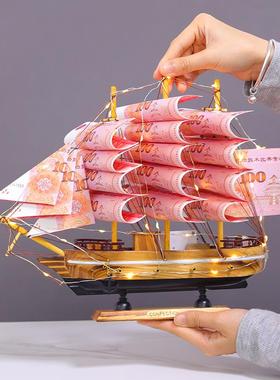手工一帆风顺小船模型家居帆布船工艺品摆件木质有钱花船乔迁礼品