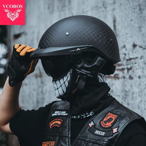 VCOROS摩托车碳纤维头盔复古瓢盔超轻半盔电动车夏季巡航骑行男士 - 图1