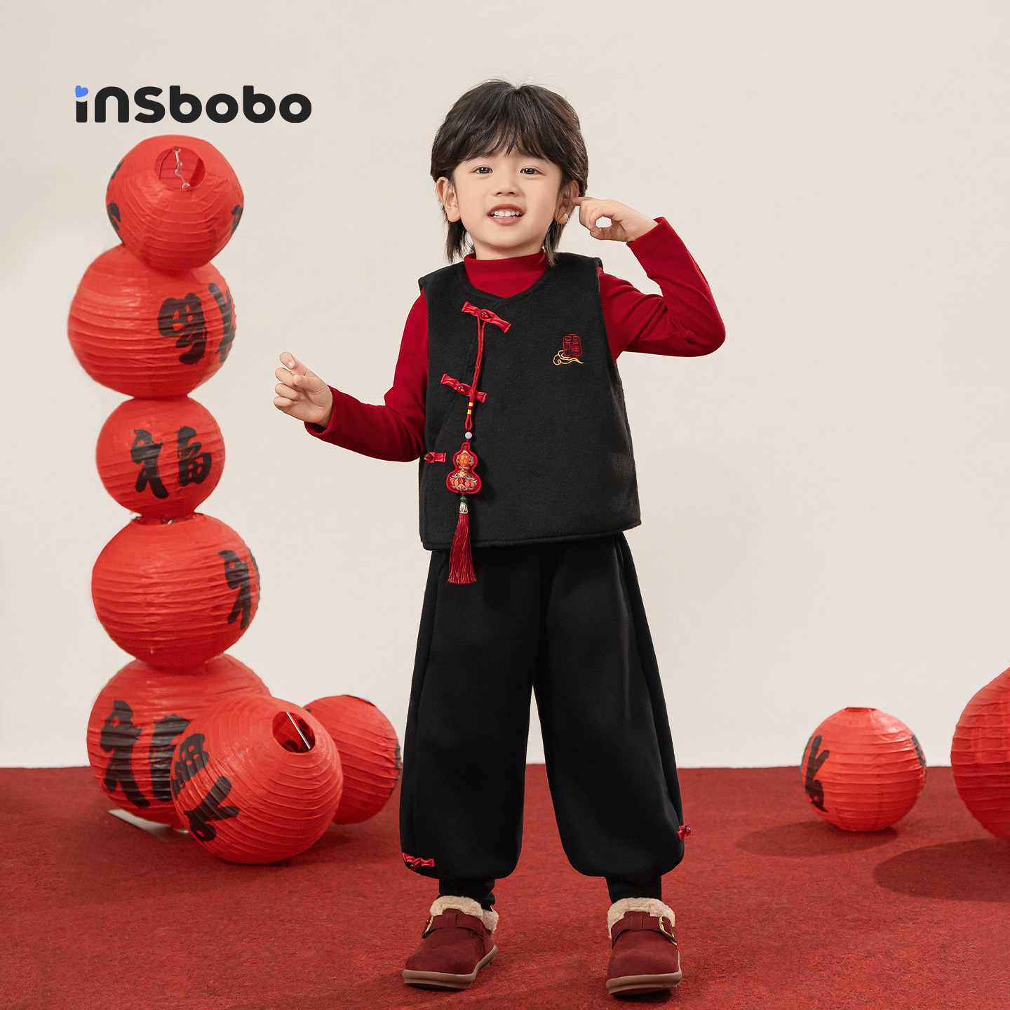 INSbobo童装儿童汉服套装男童周岁礼服女童红色马甲拜年服t恤长裤,淘宝优惠券,粉丝福利购,淘宝优惠卷