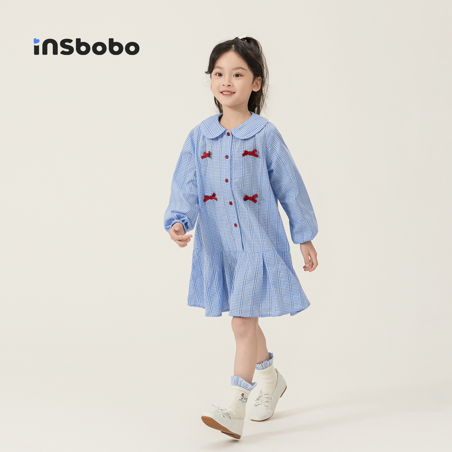 INSbobo女童连衣裙秋装新款儿童长袖裙子女孩甜美娃娃领衣服童装 - 图0
