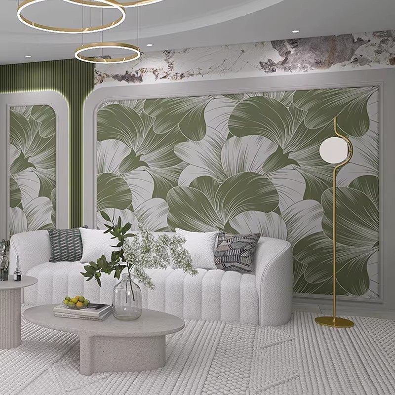 法式墙布绿色石膏线植物花朵壁画墙纸欧式轻奢客厅卧室背景墙壁纸,淘宝优惠券,粉丝福利购,淘宝优惠卷