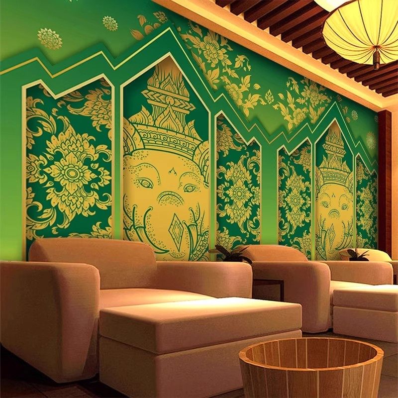 泰式风格墙纸东南亚风背景墙壁纸养生馆古法足疗怀旧会所定制壁画,淘宝优惠券,粉丝福利购,淘宝优惠卷