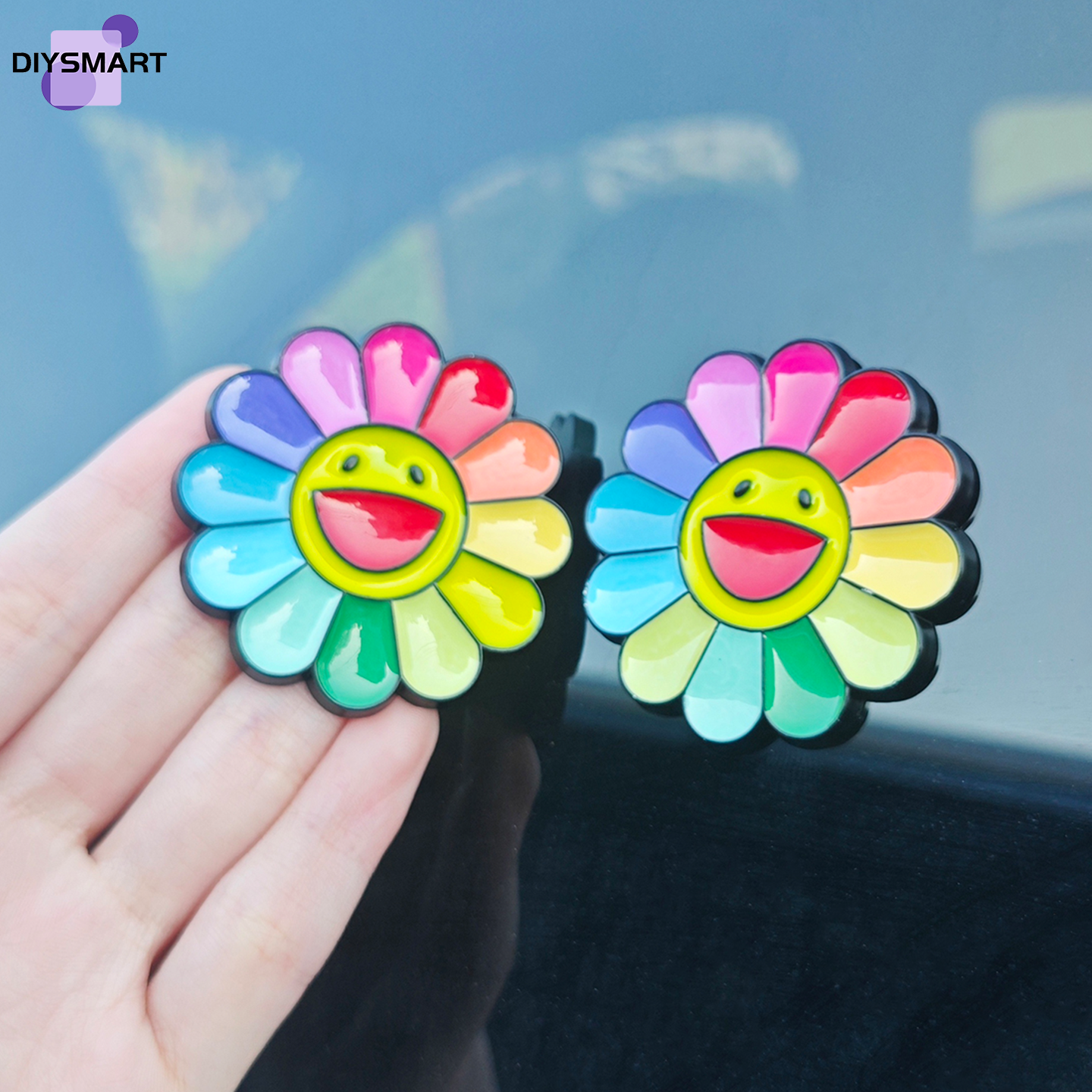 彩虹微笑太阳花车贴可爱立体金属汽车装饰贴纸个性尾标治愈饰品女,淘宝优惠券,粉丝福利购,淘宝优惠卷