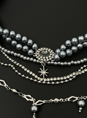 Vintage古着 Baroque grey pearl tassels stacked necklace项链
