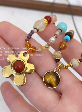 捧猫家~复古风金色串珠项链