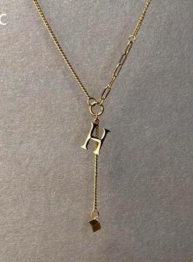中古金色H字母方块流苏项链百搭