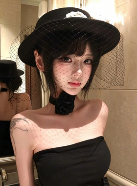 法式赫本风黑色网纱山茶花礼帽女
