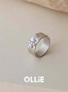 银色拉丝仿珍珠宽面戒指小众复古