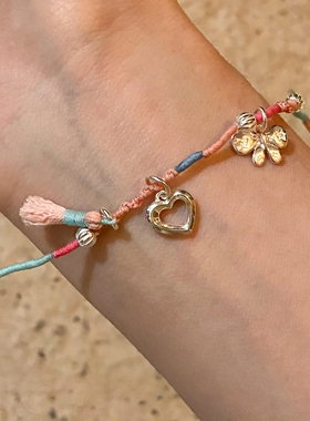 马卡龙色彩绳蝴蝶结爱心吊坠手链