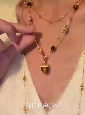 金色仿虎眼石橡果串珠吊坠项链女