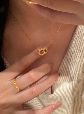 金色碎碎冰双环吊坠项链女款简约