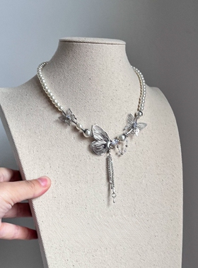 亚比风仿珍珠银蝶流苏项链独特