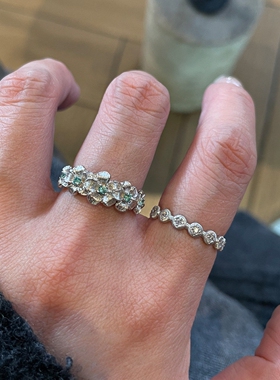 中古vintage银色花朵仿闪钻戒指