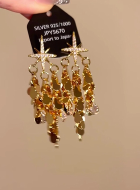 金色流苏四芒星耳钉轻奢高级感气质独特耳环小众设计感巨好看耳饰
