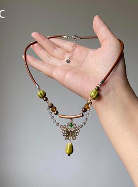 重工复古蝴蝶花朵吊坠项链独特女