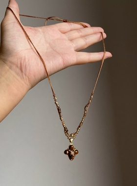 秋冬复古仿虎眼石四叶草编绳项链