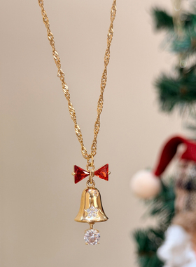 爆闪金色铃铛蝴蝶结吊坠项链圣诞
