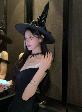 粉色丝绒蝴蝶结尖顶巫师帽万圣节