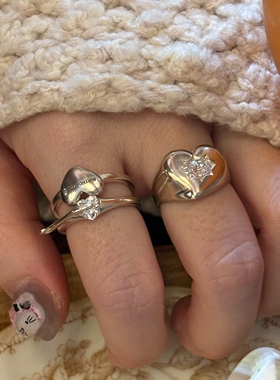 简约银色仿闪钻爱心戒指女高级感