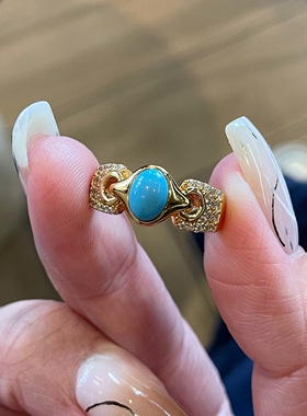 中古仿绿松石椭圆金色戒指高级感