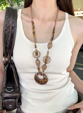 复古蝴蝶豹纹串珠长款项链百搭女