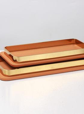 简约现代金属皮革几何长方形托盘桌面收纳样板房卧室客厅装饰摆件