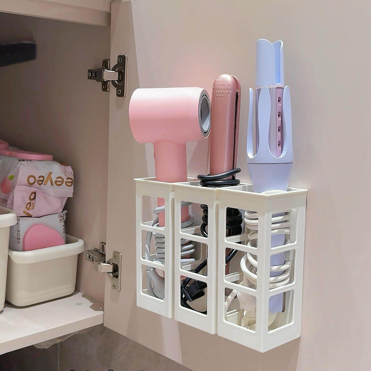 告别杂乱！卷发棒收纳免打孔直发板吹风机置物架橱柜内壁挂收纳架,淘宝优惠券,粉丝福利购,淘宝优惠卷