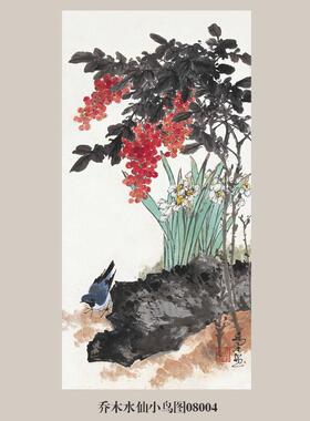 画说乔木玉兰双雀图花鸟画挂画国画古代名画复制品仿古画装饰画
