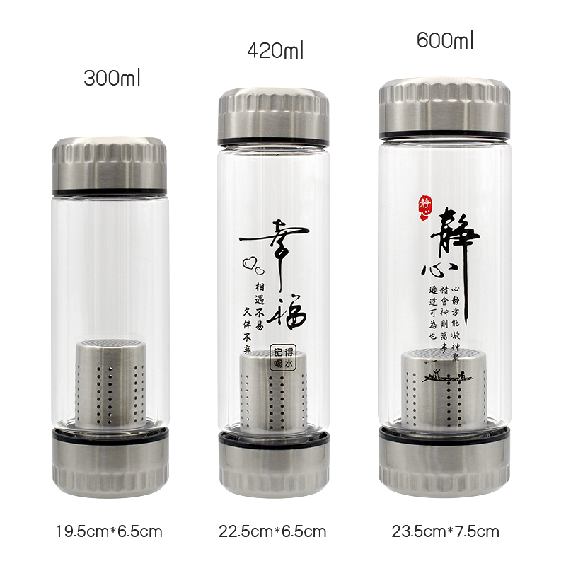 茶杯茶水分离耐热玻璃杯男士大容量双层玻璃印花双盖功夫茶过滤网 - 图2