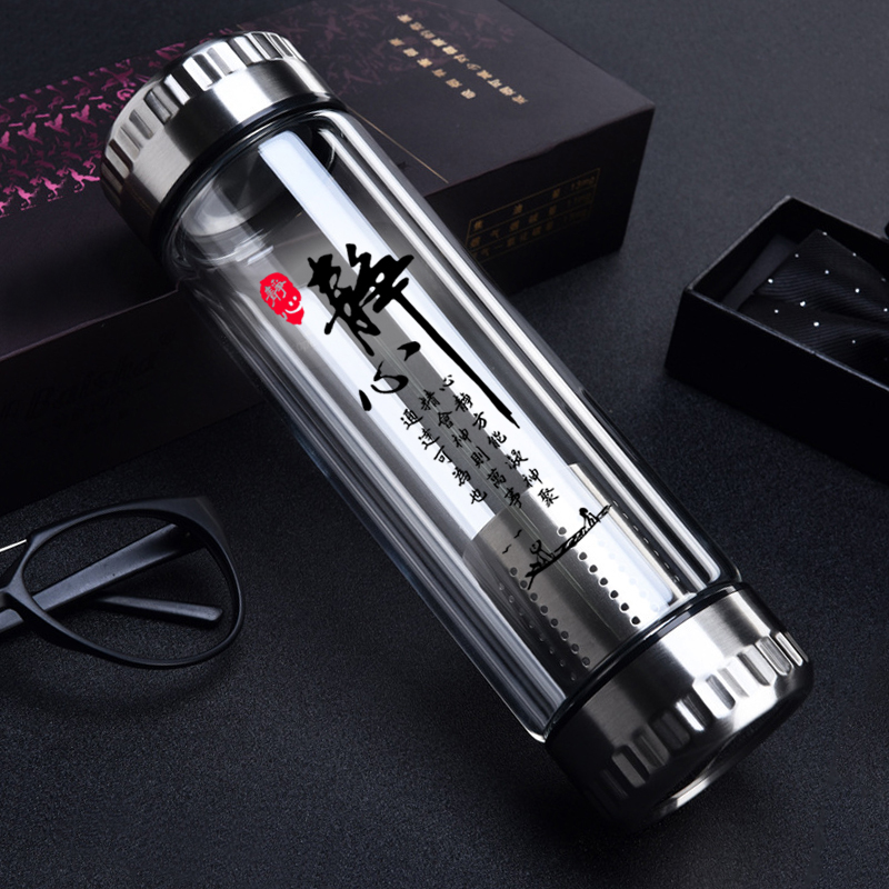 茶杯茶水分离耐热玻璃杯男士大容量双层玻璃印花双盖功夫茶过滤网 - 图0