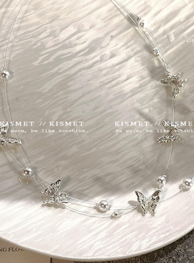 度假风夏日双层叠戴蝴蝶珍珠项链女高级感轻奢小众锁骨链颈链配饰